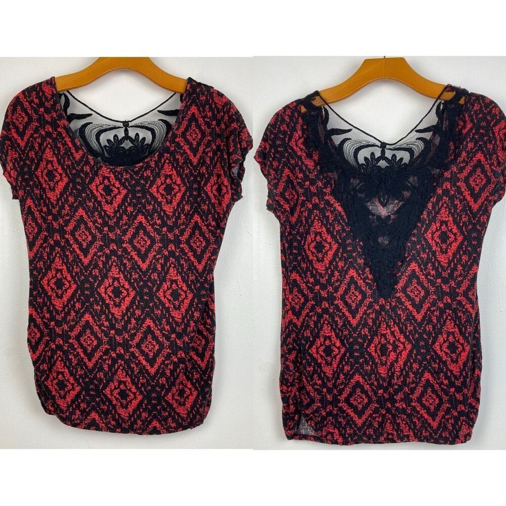 Y2K Whimsigoth Short Sleeve Top Red Black Geometric Black Lace Back Vampire sz M